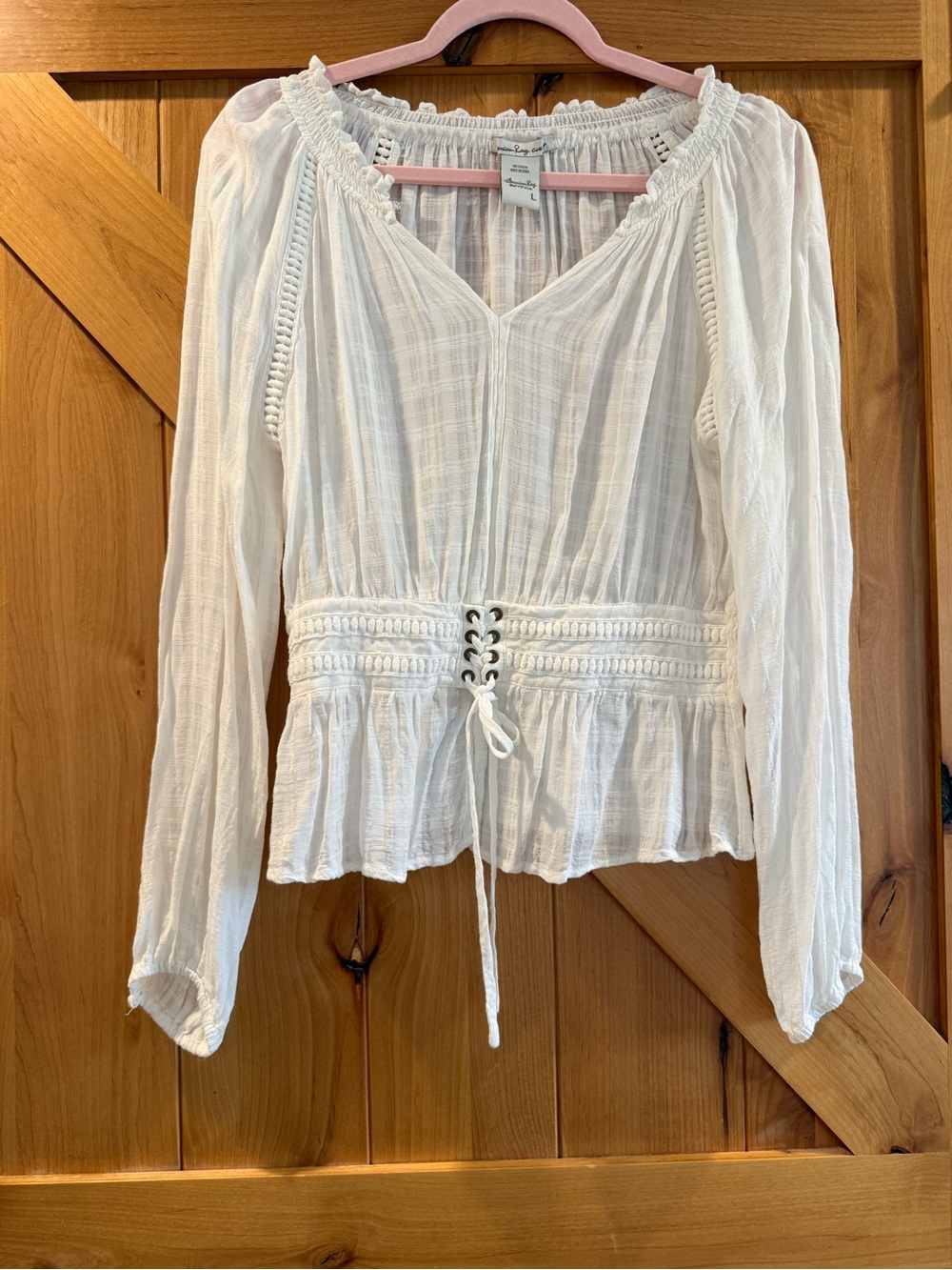 American Rag White Lace-Up Peasant Blouse